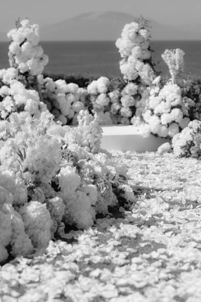 Close up of lush wedding flowers in black and white