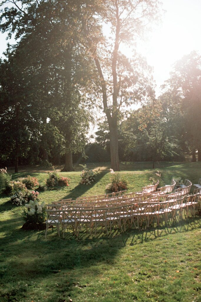 Curved rows of chairs on the lawn in backlight under tall trees, shot on 35mm film